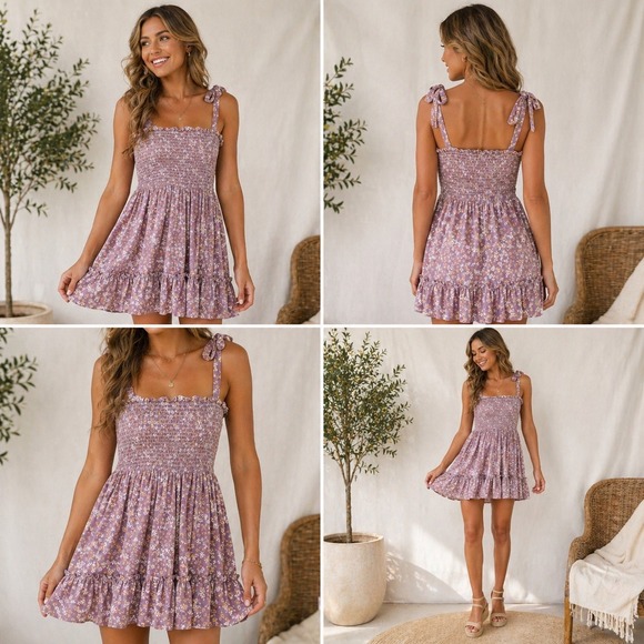 Becool Dresses & Skirts - Becool Floral Smocked Mini Dress Peach‎ Tie Shoulder Ruffle Hem Small NWT